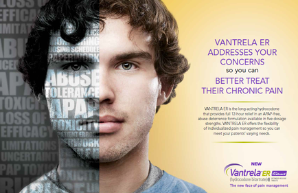 An advertisement for cantrell ER a new face of pain management company. It features a close-up of a young man's face with the text "Vantrelaa ER addresses your concerns so you can better treat their chronic pain" on the right side. The man has curly hair and is looking directly at the camera with a serious expression. On the left side of the image there is a text overlay that reads "Abuse tolerance papa" in bold white letters. The background is a light blue color and the text is in a darker blue font. The overall design is modern and minimalist.