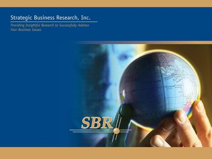 A cover page of a brochure or report titled "Strategic Business Research Inc. Providing Insightful Research to Successfully Address Your Business Issues". The background is a gradient of blue and yellow with the title of the brochure in white text at the top. In the center of the page there is a close-up of a person's face with their eyes closed and their mouth slightly open as if they are deep in thought. On the right side of the image there are two hands holding a globe one with the word "SBR" written on it and the other with a magnifying glass. The globe appears to be a representation of the world with continents and oceans visible.