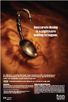 An advertisement for TussiCaps. The background of the image is a dark brown color and in the center there is a silver spoon with a curved handle. The handle curves upwards into the shape of a scorpion tail. The spoon is placed on a textured surface and the text is written in white and yellow. The text reads "Inaccurate dosing is a nightmare waiting to happen." Additional text explains the difficulty in properly dosing cough syrup. The TussiCaps logo is also visible in the bottom right corner.