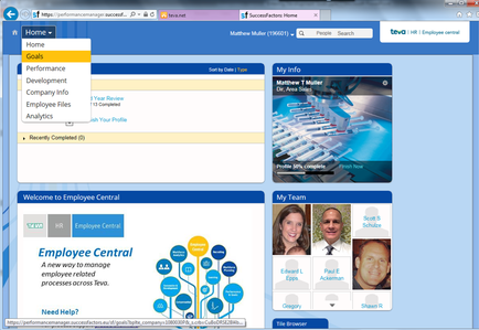 A screenshot of the homepage of a website called "Employee Central". The website has a blue and white color scheme with a search bar at the top. On the left side of the page there is a section titled "Home" with a list of goals and a description of the website's performance development company. Below the description there are two tabs - "Performance Development Company Info" and "analytic". On the top right corner of the image there appears to be an image of a computer screen with a blue background and white text. The text on the screen reads "My Info" in bold letters. Below that it reads "Recently Completed (0)". The main content of the webpage is divided into two sections. The first section is titled "Welcome to Employee Central" and has a title that reads "A new way to manage employee related processes across tea". The second section has a description that says "Need Help?" and a link to the website for more information about the website. There are also two images on the bottom right corner one of a group of people and the other of a team member. The people in the image are smiling and appear to be happy.