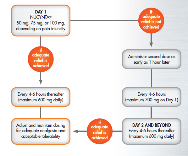 A flowchart that explains the steps involved in the treatment of of a pain patient with Nucynta (with 50 mg 75 mg or 100 mg dosages depending on pain intensity) during the first 2 days. It explains that dosages may be administered as often as every 4 hours with a maximum of 600 mg daily. Prescribers are encouraged to adjust and maintain dosing for adequate analgesia and acceptance tolerability.<br /><br />The background is white with graphic elements in orange and gray with black and white text.