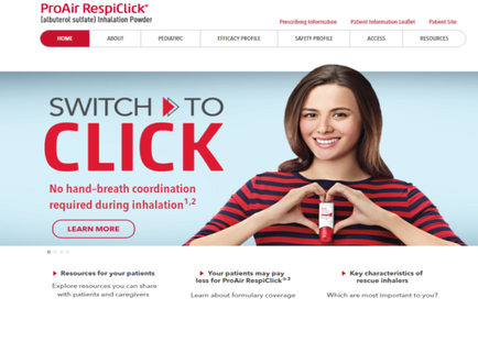 A screenshot of the homepage of a website called ProAir RespiClick. The website has a blue and white color scheme with a red header and footer. The header has the company's logo and contact information at the top. Below the header there is a navigation bar with links to different sections of the website. The main content of the page is a photo of a young woman with long brown hair and a red and black striped shirt. She is smiling and making a heart shape with her hands. The text on the page reads "Switch to Click" and "No hand-breath coordination required during inhalation 1.2". Below the photo there are two buttons - "Resources for your patients" and a "Learn more" button. The "Resources" button is highlighted indicating that the user can learn more about the website and the "Key characteristics of rescue inhalers" button can be used to access the website's resources.
