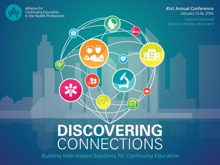 A graphic design for the 41st Annual Conference of the National Harbor Maryland. It has a blue background with a city skyline in the background. In the center of the image there is a circular network of interconnected circles in different colors representing different connections. The circles are connected by lines representing the interconnectedness of the network. Around the circles there are various icons representing different aspects of the conference such as people buildings and technology. These icons represent the different types of connections that can be found in the conference. At the bottom of the graphic the words "Discovering Connections: Building Interrelated Solutions for Continuing Education" are written in white text. The overall design is modern and eye-catching conveying the idea of connecting and connecting with others.