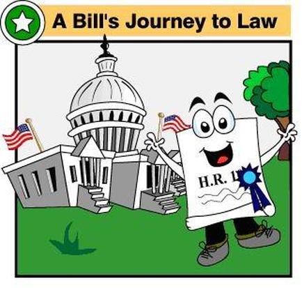 A cartoon illustration of the United States Capitol building in Washington DC. The building is white with columns and a dome on top and there are two American flags flying in front of it. In front of the building there is a character holding a sign that reads "H.R.L.I." The character has a big smile on its face and is wearing a blue ribbon around its neck. The background is green and there is text above the character that says "A Bill's Journey to Law."