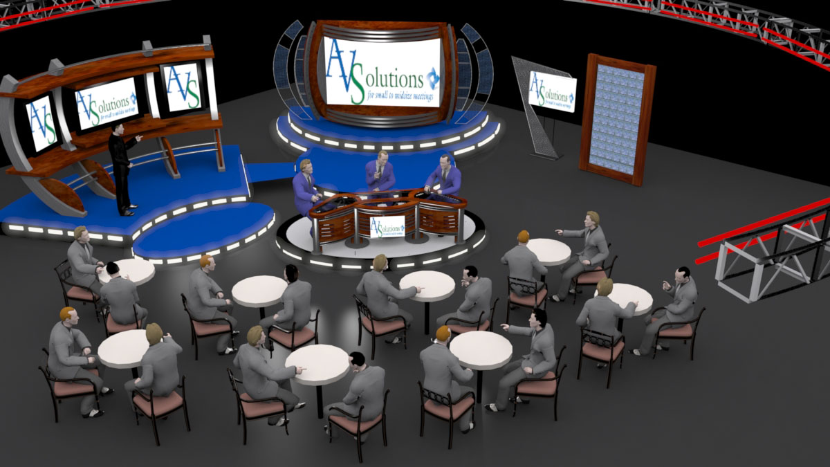 A 3D rendering of a conference room set up for a presentation. The studio has a circular stage with a blue and white color scheme and a large screen in the center. On the left side of the stage there is another platform with three smaller screens as well as one small screen on the right side of the stage. All of the screens read "AV Solutions". In front of the stages there are eight tables with 3D renderings of people sitting at them. The people are dressed in formal business attire and appear to be in a professional setting. The background is black.