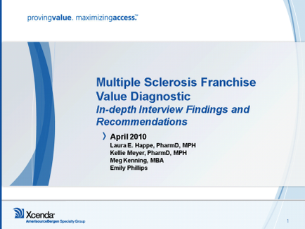 A title slide for a presentation on multiple sclerosis franchise value diagnostic in-depth interview findings and recommendations. The slide has a white background with a blue wave-like design on the left side. The title of the presentation is written in black text at the top of the slide. Below the title there is a subtitle that reads "Multiple Sclerosis Franchise Value Diagnostic In-depth Interview Findings and Recommendations" in smaller text. The subtitle reads "April 2010" and below the subtitle there are the names of the authors Laura E. happy PharmD MPH Kellie Meyer PhD MPH and Emily Phillips. At the bottom right corner the Xcenda logo is visible.