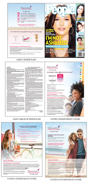 A collage of three pages from a magazine called "People". The first page is titled "Gate 1 (Inside Flap)". The second page has a photo of a young woman with long brown hair and a pink background. She is smiling and looking directly at the camera. The third page has an article titled "I'm Not Ashamed" with a pink banner at the top. The article is divided into two columns. The first column has a title that reads "Gate 2 (Back of Inside Flap)" and a brief description of the article. Below the title there is a section titled "Cover 3 (Inside Back Cover)" with a picture of a man and a woman on a beach. The cover also has a brief explanation of the cover and a link to a website for more information about the magazine.