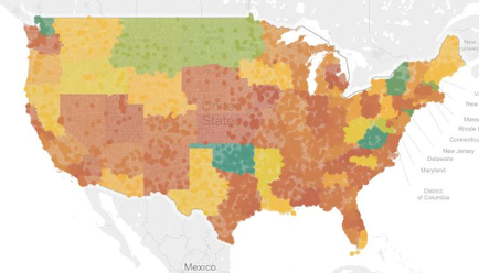 This is a color-coded map of the continental United States. Individual states are colored in various shades of red orange green and yellow but the significance of that is not stated. The location of major metropolitan areas (as dots) are also indicated.