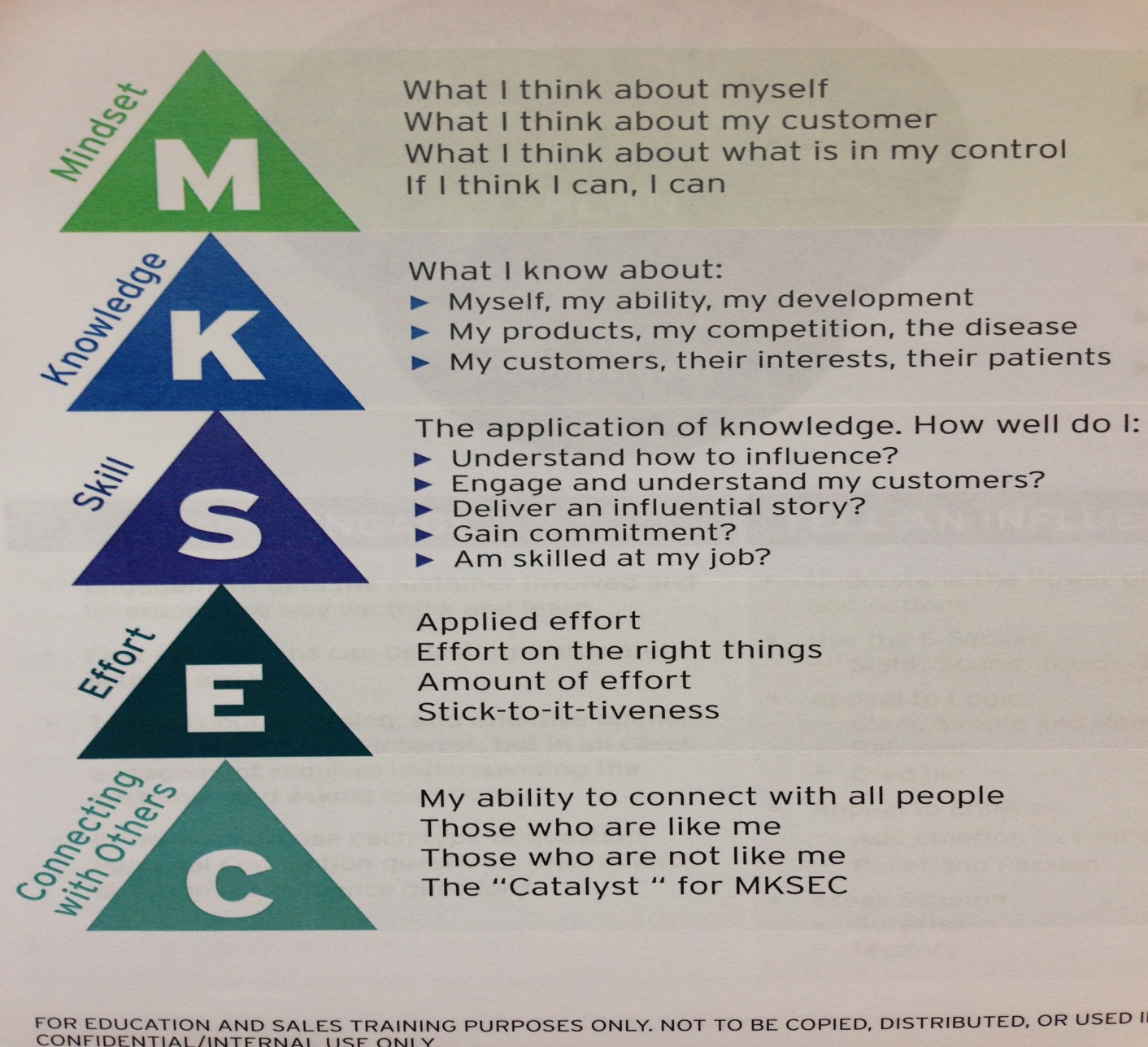 An infographic to help educate people in sales or customer service. On the left side of the page there are five triangles each with a different letter at the center: M K S E and C. Each triangle corresponds to one of the following words or phrases: Mindset Knowledge Skill Effort and Connecting with Others. To the right of each triangle there is a brief description of each skill. The bottom of the page also includes a note that reads "For Education and Sales Training Purposes Only Not to be Copied Distributed or Used in."