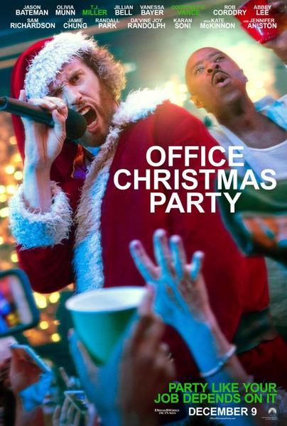 A movie poster for the film Office Christmas Party. It features two men dressed as Santa Claus one singing into a microphone and the other holding a cup of coffee. The background is blurred but it appears to be a crowded room with people dancing and enjoying themselves. The title of the film is written in bold white letters at the top of the poster with the tailing "Party like your job depends on it" written in smaller white letters below. The poster also includes the names of the cast members and the release date of December 9.