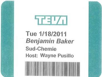 A business card with a white background and a turquoise border. The card has the word "tea" written in bold black letters at the top followed by the date "Tuesday 1/18/2011" in smaller black letters. Below the date there is a text that reads "Benjamin Baker Sud-cherie Host: Wayne murillo". The text is written in a modern sans-serif font and is centered on the card. There is also a arcade at the bottom right corner.