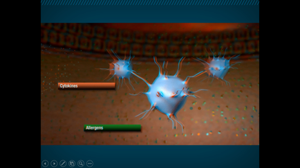 A 3D rendering of a group of blue-colored cells on a brown background. The cells appear to be spherical in shape and have multiple arms and legs. They are arranged in a triangular formation with the largest cell in the center and two smaller cells on either side. The background has a grid-like pattern with small orange dots scattered throughout. On the left side of the image there is a text box with the word "cytosine's" written in white and on the right side there are two buttons - "Allergens" and "Settings". The image appears to be a screenshot from a computer screen.