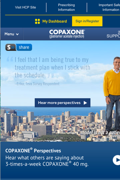A screenshot of the homepage of a website called Copaxone. The website has a blue and white color scheme with a photo of a man standing in front of a city skyline. The man is wearing a yellow sweater and blue jeans and is smiling at the camera. On the right side of the image there is a text that reads "I feel that I am being true to my treatment plan when I stick with the schedule." Below the text there are two buttons - "Hear more perspectives" and "model is not patient". At the top of the page there has a navigation bar with various options such as "Visit HCP Site" "Prescribing Information" "Important Safe Information" and "Sign in/Register".