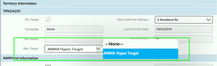 A screenshot of a form titled "Territory Information". The form is titled "TPNZAZ01" and has a blue header with the text "My Target". Below the header there are two fields - "Campaign" and "Amrix". On the left side of the form there is a field labeled "ISR Status" with a checkbook next to it. On the right side it says "Rep Preferred Address" with an "3 Woodland Rd" field. Below the checkbook it reads "Last Activity Date" with the date "10/31/2014". At the bottom of the image there has a button labeled "AMRIX Hyper Target" which is highlighted in blue. This button is likely used to add additional information to the form.