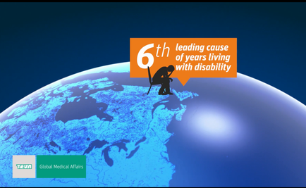 A graphic design that represents the 6th leading cause of years living with disability. It features a blue globe with a silhouette of a person kneeling on top of it holding a stick and looking down at the earth. The background is a solid blue color. On the top right corner of the image there is an orange banner with white text that reads "6th Leading Cause of Years Living with Disability". Below the banner there are two logos - one for the Global Medical Affairs and the other for the tea. The overall design is simple and modern with a focus on the person and the globe.