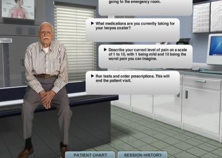 An elderly man sitting on a bench in an emergency room. He is wearing a striped shirt trousers and shoes. He has a serious expression on his face and is looking directly at the camera. On the right side of the image there is a speech bubble with the text "What medications are you currently taking for your herpes zoster? Describe your current level of pain on a scale of 1 to 10 with 1 being mild and 10 being the worst pain you can imagine. Run tests and order prescriptions. This will end the patient visit." Below the speech bubble there are two buttons - "Patient Chart" and "Session History".