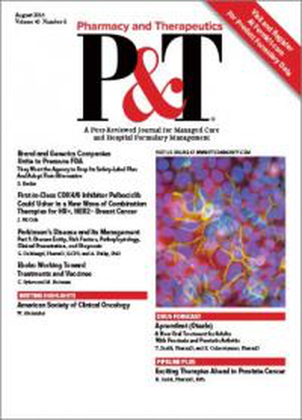 The cover of a magazine titled "Pharmacy and Therapeutics P&T". The cover is predominantly white with black text. The title of the magazine is written in large bold letters at the top of the cover. Below the title there is a subtitle in smaller black text that reads "A Peer-Reviewed Journal for Managed Care and Hospital Pharmacy Management". The cover also has a small illustration of a molecular structure in the bottom right corner. The structure appears to be made up of different colors and shapes including blue pink and purple. The molecules are arranged in a radial pattern with some overlapping each other. The background is a light blue color. On the left side of the page there are several bullet points that provide information about the magazine's contents such as the date time and publication date. The magazine's logo is also visible in the top left corner.