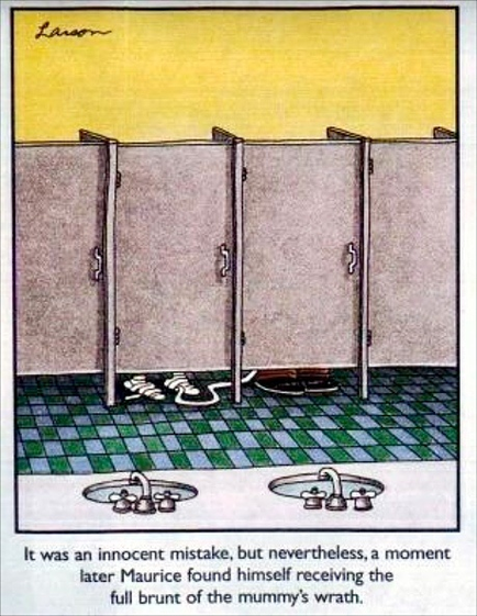 A cartoon illustration of a public restroom with three stalls. The stalls are beige in color and have a green and white checkered floor. There are two sinks in front of the stalls one with a faucet and the other with a soap dispenser. The caption above the image reads "It was an innocent mistake but nevertheless a moment later Maurice found himself receiving the full brunt of the mummy's wrath." The caption is written in black text.