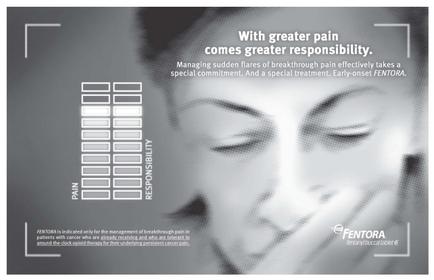 A black and white advertisement for mentor a company that provides pain management services. The background is a gradient of grey and white with a close-up of a woman's face in the center. The woman has her eyes closed and appears to be deep in thought. On the left side of the image there is a text that reads "With greater pain comes greater responsibility. Managing sudden flares of breakthrough pain effectively takes a special commitment. And a special treatment. Early onset mentors." On the right side there are six boxes with the company's logo and contact information. The boxes are arranged in a grid-like pattern with each box representing a different aspect of the company. The text is written in a modern sans-serif font.