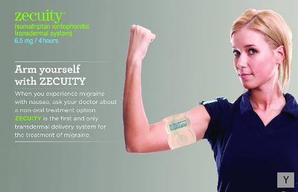 A young woman with blonde hair wearing a blue polo shirt flexing her bicep with a bandage on her arm. The bandage is labeled "security" and appears to be a non-oral treatment option. The text on the image reads "Arm yourself with security" and "When you experience migraine with nausea ask your doctor about security is the first and only transdermal delivery system for the treatment of migraine." The background is a light green color.