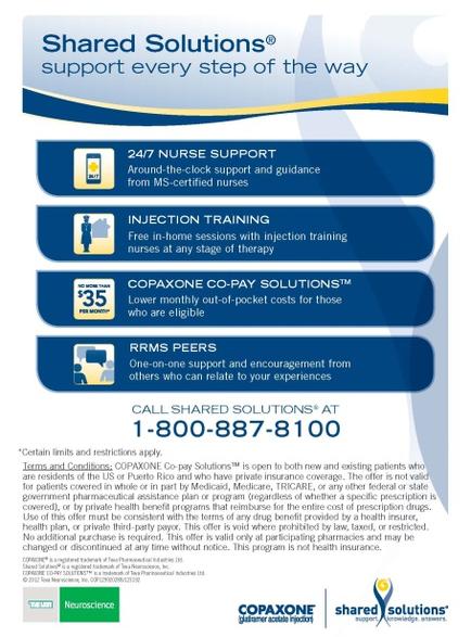 An idiographic that provides information about shared solutions for nurses. It has a blue background with white text that reads "Shared Solutions® support every step of the way" at the top. Below the text there are six icons representing different types of nurse support options. The first icon on the top left corner is a yellow circle with the text "24/7 Nurse Support" and "Around-the-clock support and guidance from MS-certified nurses". The second icon is a blue circle with a white arrow pointing to the right. The third icon is an icon of a nurse with a stethoscope around their neck. The fourth icon is of a person with a syringe in their hand. The fifth icon is from the top right corner of the idiographic. The sixth icon is for injection training and the seventh icon is in the bottom left corner. At the bottom of the image there is a call-to-action button that says "Call Shared Solutions® at 1-800-887-8100". The text is in white and blue and is centered on the page.