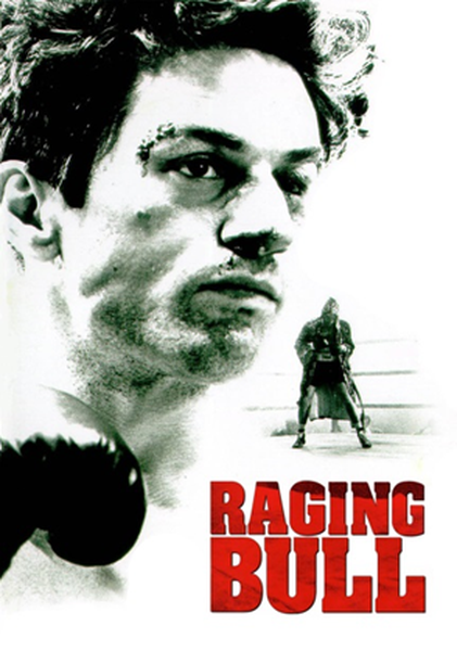 A movie poster for the film "Raging Bull". It features a close-up of the face of the main character Johnny Depp with a serious expression on his face. He has dark hair and is looking directly at the camera. The background is white and the title of the film is written in bold red letters at the bottom of the poster. On the right side of the image there is a smaller image of a man in a suit and tie holding a gun. The man appears to be in a fighting stance with his fists clenched and his eyes focused on something in the distance.