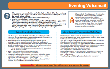 A screenshot of an evening voicemail. It is divided into two sections. The top section is titled "Interactions with Oncologists" and has a question mark next to it. Below the question mark there is a text that reads "What was your mind at the end of today's work? Was there anything special? What would you like to have a conversation with oncologists?" The bottom section has a list of interactions with pharmaceutical sales reps. The text is written in black font and is in a larger font size than the rest of the text. The background of the image is white.