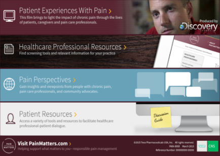 A screenshot of the homepage of a website called "Patient Experiences With Pain". The website has a maroon and white color scheme with a photo of a man's face on the top right corner. Below the photo there is text that reads "Healthcare Professional Resources" and "Pain Perspectives". On the left side of the page there are three sections. The first section has a title that says "This film brings to light the impact of chronic pain through the lives of patients caregivers and pain care professionals." The second section has an image of a computer monitor with a speech bubble above it. The third section has two options - "Pain Perspective" and a list of patient resources. At the bottom of the image there has a yellow sticky note with the text "Visit PainMatters.com" and the website's logo. There is also a link to the website for more information about the website.