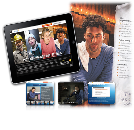 A tablet a phone and a tablet pc all displaying a website design for a patient profile case study. The tablet is on the left side of the image with the screen displaying the website's title "Patient Profile Case Studies". On the right side there is a photo of a young man with curly hair and a serious expression on his face. He is wearing a blue t-shirt and is looking directly at the camera. In the center of the tablet there are three people two men and two women standing in front of a brick wall. They are all wearing hard hats and appear to be in a professional setting. The website appears to be a medical or healthcare-related website as indicated by the text on the screen. On the bottom right corner of the screen there has a blue banner with the text "Diagnosis ES Assessments" and a white box with the same text.