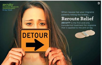 A young woman holding up a yellow sign with the word "DETOUR" written on it. The sign has an arrow pointing to the right and the text "When nausea has your migraine patients hitting the brakes... reroute Relief" written above it. On the right side of the image there is an illustration of a bandage which is used to apply the bandage to the arm or leg. The background is dark green and the woman is looking directly at the camera with a concerned expression.