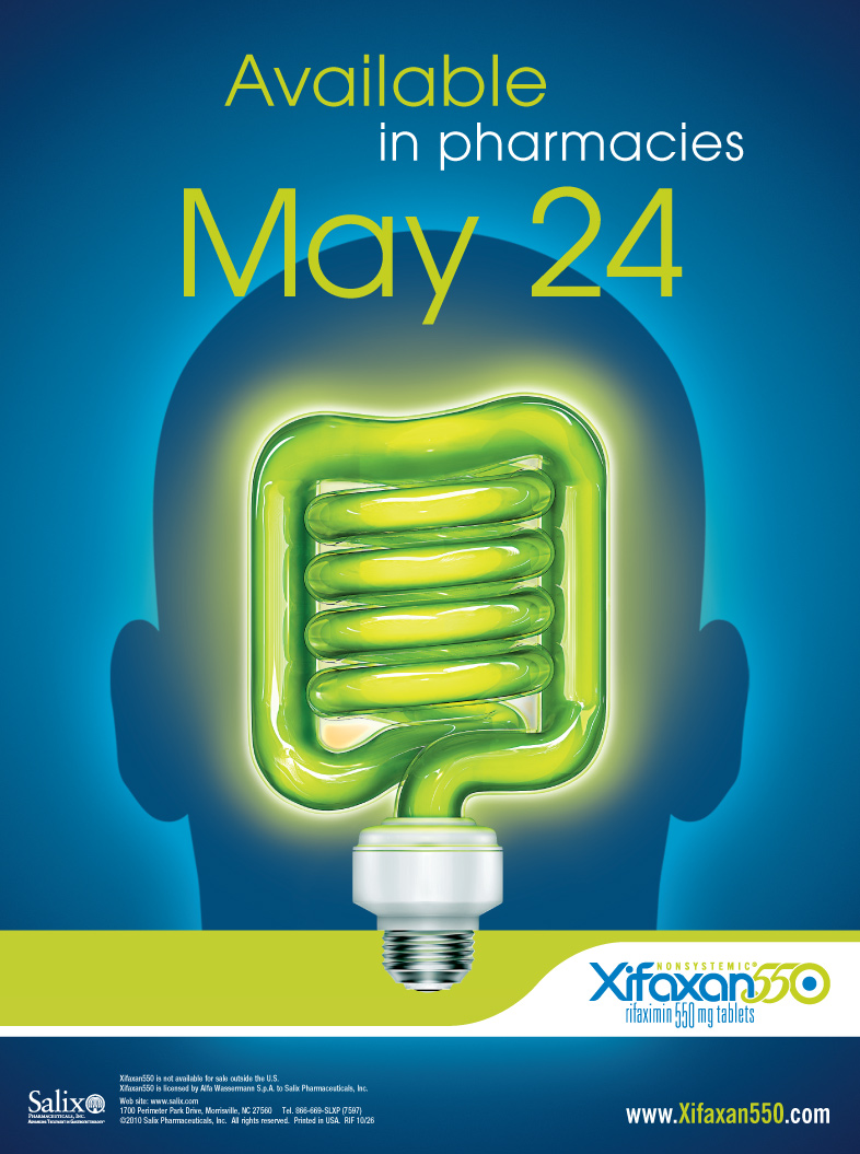 An advertisement for Xifaxan 550. The main text of the advertisement reads: "Available in pharmacies May 24". The background is blue and the text is in white and green. In the center of the image there is the outline of a human head with a green light bulb lit up in the center. At the bottom of the page there are logos for Xifaxan 550 and Salix as well as the Xifaxan 550 website.