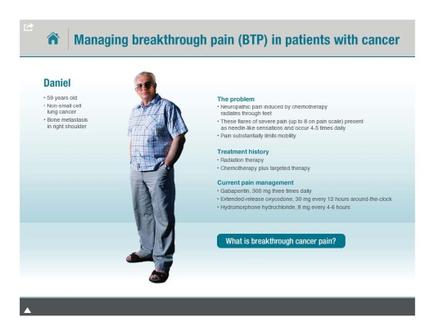 A slide from a presentation on managing breakthrough pain (BTP) in patients with cancer. It features a photo of Daniel a man with white hair and glasses standing in front of a blue background. He is wearing a blue plaid shirt and gray pants. On the left side of the slide there is text that reads "Daniel" and on the right side there are three bullet points that explain Daniel's treatment history current pain management and what is breakthrough cancer pain?