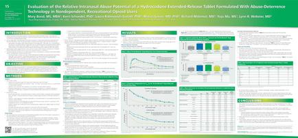 A page from a research paper titled "Evaluation of the Relative Intranasal Abuse Potential of a Hydrocodone Extended-Release Tablet Formulated with Abuse-Deterrence Technology in independent Recreational Opioid Users". The page is divided into three sections. The first section is titled "Introduction" and has a title at the top that reads "Introduction". Below the title there is a table with three columns. The first column is labeled "Objective" the second column has a line graph and the third column has three graphs. The graph on the left shows the results of the study while the graph in the middle shows the percentage of people who have been diagnosed with a hydrocodone extended-release tablet formulated with abuse-deterrence technology in independent recreational opioid users. The graphs on the right side of the page show the results in different colors including blue green and yellow. The table also has a section titled "Results" and "Conclusions" which provides further information about the study.