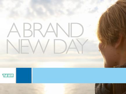 A graphic design for a brand new day. It features a close-up of a person's face with their back to the viewer looking out towards the horizon. The person has blonde hair and is wearing a brown jacket. The background is a beautiful blue sky with white clouds. In the center of the image there is a text that reads "A BRAND NEW DAY" in a modern sans-serif font. Below the text there are two blue squares one with the word "tea" and the other with the logo of the brand. The overall design is simple and minimalist.