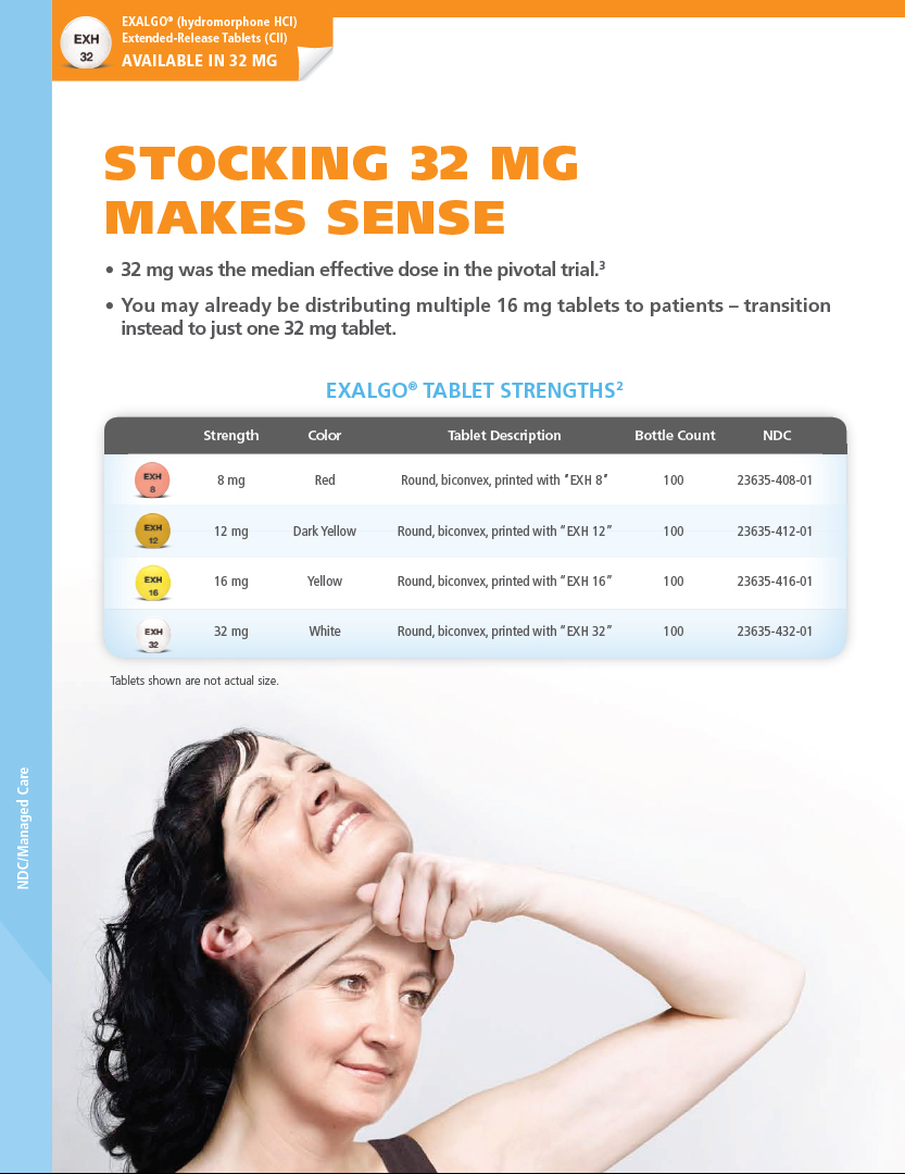 An advertisement for Exalgo at 32 mg. The main text of the page reads "Stocking 32 MG Makes Sense". The advertisement features a woman with long dark hair smiling. She is pulling off a mask of her own face which appears to be in pain. The background is white.<br /><br />At the top of the advertisement there is text that reads "32 mg was the median effective dose in the pivotal trial. You may already be distributing multiple 16 mg tablets to patients - transition instead to just 32 mg tablet." Below the text there is a table showing various dosages of Exalgo with information about their strength color tablet description bottle count and NDC.