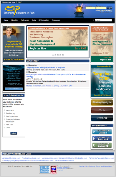 A screenshot of the homepage of a website called "Emerging Solutions in Pain". The website has a blue and white color scheme with a navigation bar at the top. Below the navigation bar there is a banner with the company's logo and contact information. On the left side of the page there are several tabs for different sections of the website. The first tab has a photo of a person with a blue background and white text. The second tab has an image of a lighthouse with a yellow light shining on it. The third tab has text that reads "Therapeutic Advanced Treatment Strategies for Migraine Management" and "Register Now". The fourth tab has links to various social media platforms such as Facebook Twitter linked and linked. At the bottom of the image there has a section titled "Targeting CGP in Migraines" with a link to a website for more information about the website and a button to register now.