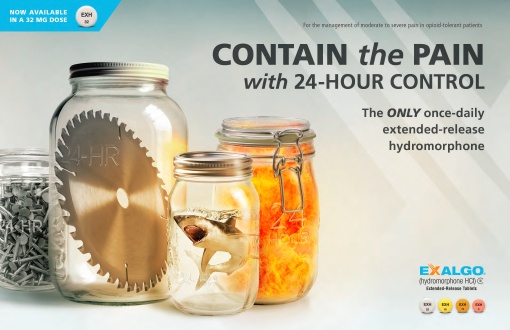 An advertisement for Exalgo showing four glass jars with lids. From left to write they contain nails a circular saw blade  a shark and an orange substance. Each of the jars has the label "24-HR". The main text of the advertisement reads: "Contain the pain with 24-hour control: the only once-daily extended-release hydromorphone". The background is white and there is a blue banner at the top left corner with the text "Now available in a 32 mg dose". The image also has a logo for Exalgo.