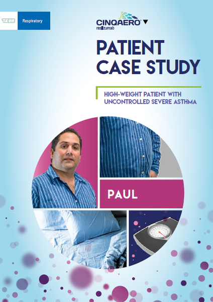 A cover page of a patient case study report titled "High-Weight Patient with Uncontrolled Severe Asthma". The background of the page is light blue with small purple polka dots scattered throughout. On the left side of the cover there is a photo of a man in a blue striped shirt. He is looking directly at the camera with a serious expression on his face. On the right side there are three smaller photos of the same man. The first photo is of a bed with a white sheet and a blue pillow. The second photo is a close-up of the man's chest. The third photo is an image of a weighing scale. The text on the cover reads "Paul" in bold white letters.