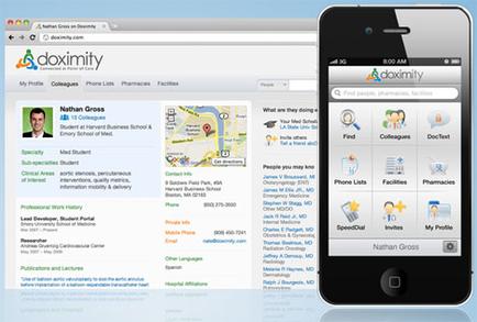 A screenshot of the homepage of a website called "proximity". The website has a blue and white color scheme with the logo of the company on the top left corner. On the right side of the image there is a mobile phone with the website's home page open. The home page has a search bar at the top and a navigation menu on the left side. On the top right corner there are several tabs for different sections of the website including "My Profile" "Collagen" "Phone Lists" "Facilities" "Pharmacy" and "My Profiles". There are also a few icons on the home page including a map a phone number and a search icon. At the bottom of the page there has a section titled "Professional Work History" which provides information about the website and its services. There is also a section labeled "Publications and Lectures" which suggests that the website is a platform for students to learn more about their work history.