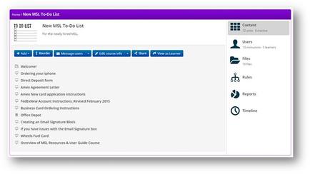 A screenshot of the "New MSL To-Do List" page on a website. The page is divided into two sections. On the left side there is a list of tasks that the user has completed and on the right side it is a section titled "Content". At the top of the page there are two tabs - "Home" and "To Do List". The "New" tab has a purple header and a white background. Below the header it says "For the newly hired MSL" in blue text. The "Welcome" tab is empty and there are several options for the user to choose from. The options include "Ordering your iPhone" "Direct Deposit Form" "amen Agreement Letter" "Business Card Ordering Instructions" "Revised February 2015" "Office Depot" "Creating an Email Signature Block" "Wheels Fuel Card" and "Overview of MSL Resources & User Guide Course". There are also several icons on the page - "Content" "Users" "Files" "Reports" "Timeline" and a checkmate. These icons represent different types of content that can be added to the list.