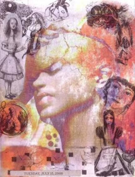 A mixed media art piece that appears to be a portrait of a woman's face. The background is a collage of different elements including a large orange circle in the center which is the focal point of the image. The woman's head is tilted slightly to the side with her eyes closed and her head tilted slightly upwards. The orange circle is surrounded by smaller images of other woman's faces including one with long hair another with short hair and one with a flower in her hair. On the left side of the collage there is a black and white illustration of a young woman with long flowing hair. On the right side there are two smaller illustrations of a man with short dark hair and a beard. The man is wearing a suit and tie and the woman is holding a bouquet of flowers in her hand. The overall style of the piece is abstract and surreal with a mix of colors and textures. The image is titled "Tuesday July 15 2005" and has a date and time stamp at the bottom.