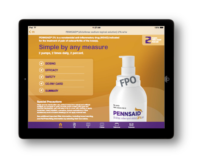 A screenshot of an iPad screen displaying the homepage of a website called "Pennsaid". The website has an orange background with white and purple text. On the right side of the screen there is a picture of a white bottle of Pennsaid with the word "FPO" written on it. Below the bottle there is a navigation pane for the website.<br /><br />The main text of the website reads "Pennsaid 2% is a nonsteroidal anti-inflammatory drug (NSAID) indicated for the treatment of pain of osteoarthritis of the knee(s). Simple by any measure: 2 pumps 2 times daily 2 percent. There are options a user can click on including "Dosing" "Efficacy" "Safety" "Co-pay card" and "Summary. There website also explains special precautions. The overall design of the website is modern and minimalistic.