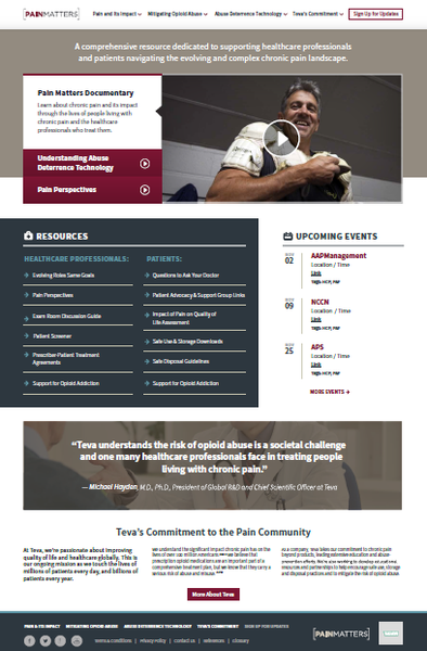 A screenshot of the homepage of a website called "Pain Matters Documentary". The website has a white background with a blue header and footer. The header has the company's logo and contact information at the top. Below the header there is a navigation bar with links to different sections of the website. The main content of the page is divided into three sections. The first section is titled "Resources" and has a list of resources such as healthcare professionals patients and upcoming events. The second section has a photo of a man with a smile on his face and the third section has an image of a person with their arms crossed. The text on the page reads "tea's Commitment to the Pain Community". At the bottom of the image there are two buttons - "Home" and "About Us" - which are likely used to navigate through the website's content.