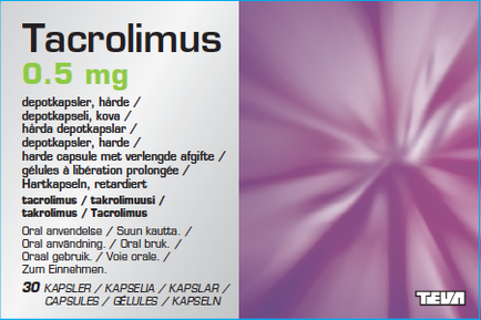 A product label for Tacrolimus 0.5 mg capsules. The label is white with black text and a purple background. On the right side of the label there is a close-up of a pink flower-like design. The flower has multiple petals that are arranged in a radial pattern creating a sense of depth and dimension. The text on the label reads "Tacrolimus" in bold capital letters. Below the text there are 30 capsules of the capsules each with a different flavor. The capsules are labeled with the brand name "tea" in smaller text.