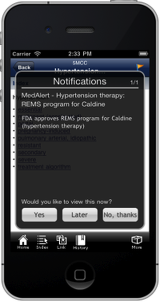 A screenshot of a mobile phone screen displaying a notification from the medalist app. The notification is titled "Notifications" and has a blue header with the time "2:33 PM" at the top. Below the header there is a text field with the text "medalist - Hypertension therapy: REMS program for calcine". Below the text field there are two options - "Would you like to view this now?" and "Later". The first option is "Yes" and the second option is a "No thanks". There are also several icons at the bottom of the screen including "Home" "Index" "History" and "More".