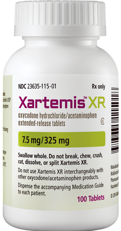 A photograph of a white medicine bottle with a green and white label. The label reads "Xartemis XR Oxycodone hydrochloride/acetaminophen extended-release tablets" and "7.5 mg/325 mg". On the label there are also a number of warnings including "Swallow whole do not break chew crush cut dissolve or split Xartemis XR." The bottle has a white cap and a barcode on the right side. The background is plain white.