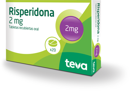 A 3D rendering of a box of Risperidona 2mg tablets. The box is rectangular in shape and has a green and white color scheme. The front of the box has the brand name "tea" written in bold white letters at the top followed by the product name "2mg" in smaller white letters. Below that there is a purple circle with the word "tablets recubiertas oral" written on it indicating that the tablets are 2mg in size. On the left side of the label there are two smaller purple circles one labeled "x20" and the other labeled "2 mg". The box appears to be new and unused with no visible damage or wear.