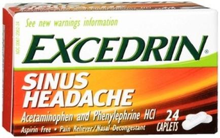 Of a box of Excedrin Sinus Headache tablets. The box is rectangular in shape and has a white background with orange and green accents. The brand name "Excedrin" is written in bold green letters at the top of the box. Below the brand name it says "See new warnings information" in smaller green letters. The box also mentions that the tablets are Acetaminophen and Phenylephrine HCI which are known for their anti-inflammatory properties. The tablets are 24 caplets in size. The label also mentions "Aspirin Free - Pain Reliever/Nasal Decongestant" and "24 Capsules". The box appears to be new and unused.