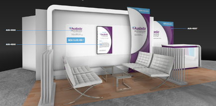 A 3D rendering of a trade show booth with a white and purple color scheme. The booth has a modern design with a curved wall and a white floor. On the left side of the booth there is a large banner with the brand name "Austeddo" written in bold purple letters. Next to the banner there are two white sofas with a glass coffee table in front of them. The sofa has a sleek and modern look with a high backrest and armrests. The booth also has a purple and white banner on the right side with the same brand name written in white letters. There is also a small table with a purple tablecloth in the center of the room. The background is black and the booth is set up on a wooden floor with a gray carpet.