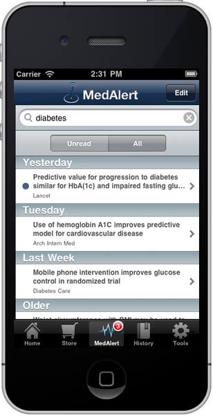 A screenshot of the medalist app on an iPhone. The app is open and the screen is turned on. The top of the screen has a blue header with the time "2:31 PM" and the ape's logo. Below the header there is a search bar and a button that says "Edit". The main content of the app is a list of diabetes information. The list includes: - Yesterday - Predictive value for progression to diabetes - Tuesday - Use of hemoglobin A1C improves predictive model for cardiovascular disease - Last Week - Mobile phone intervention improves glucose control in randomized trial - Older - Home - Store - History - Tools At the bottom of the image there are several icons including a heart rate monitor a blood pressure monitor and a health app icon.